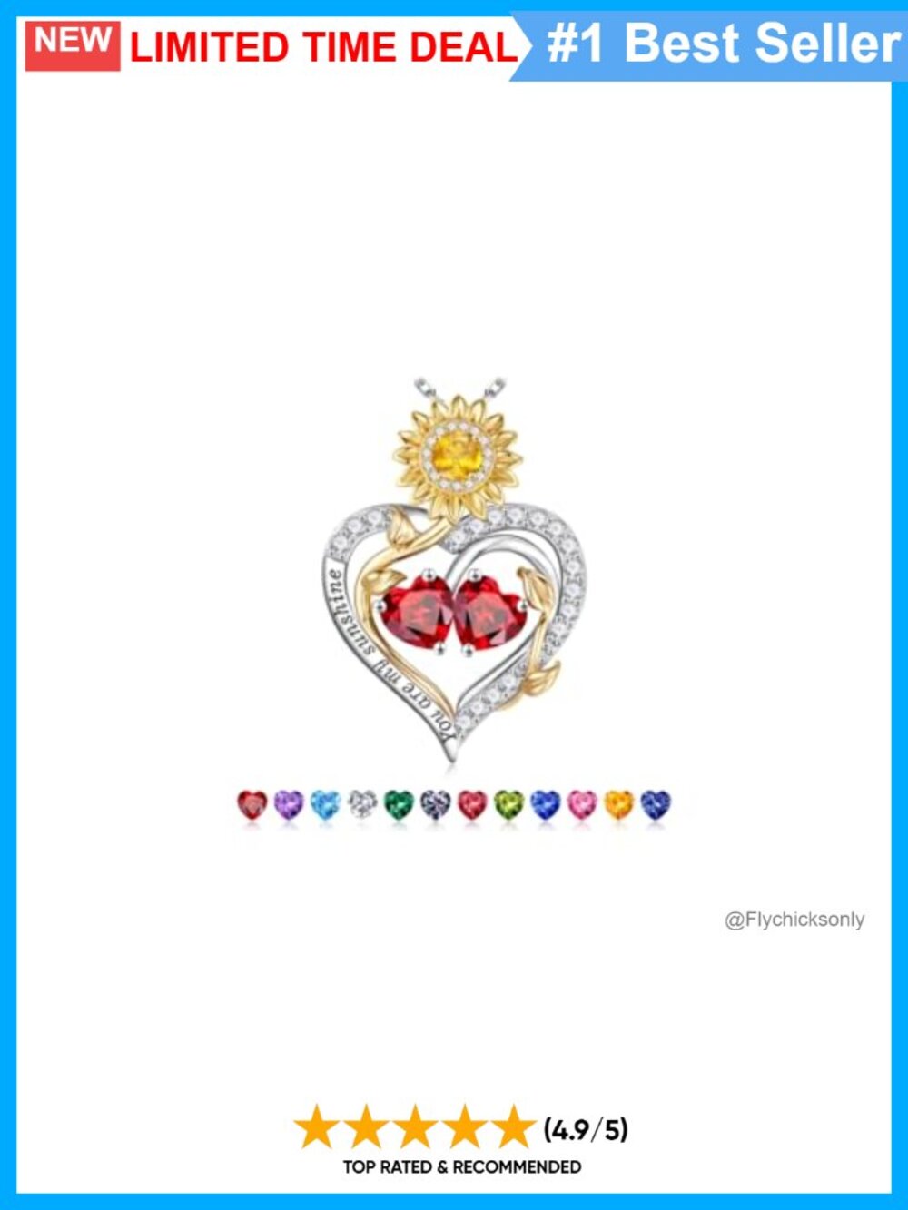 925 Sterling Silver Sunflower Double Birthstone Pendant Necklace